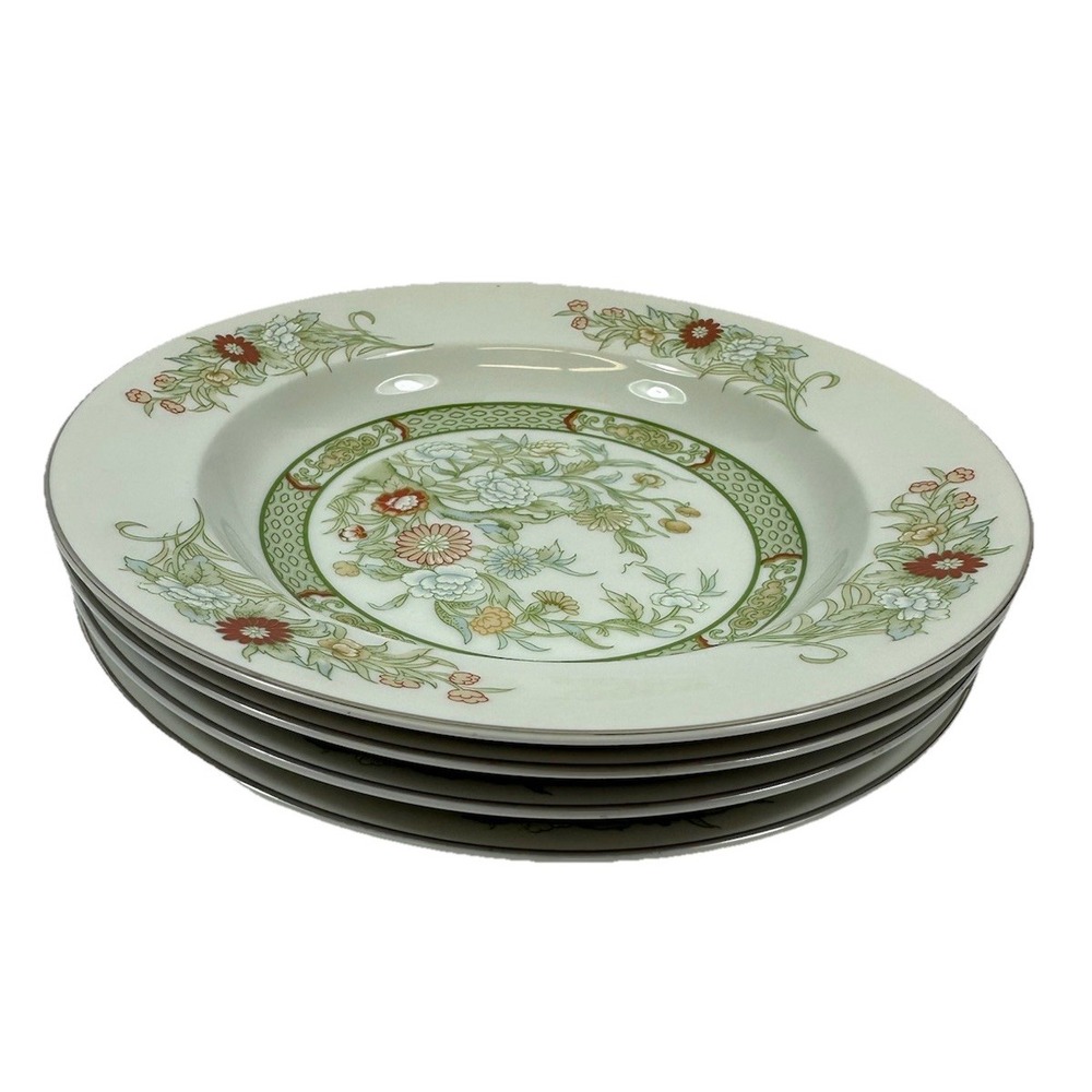 Mikasa Kabuki Rimmed Soup Bowls 8.25" Japan Green Floral Oriental Set 4 L9011